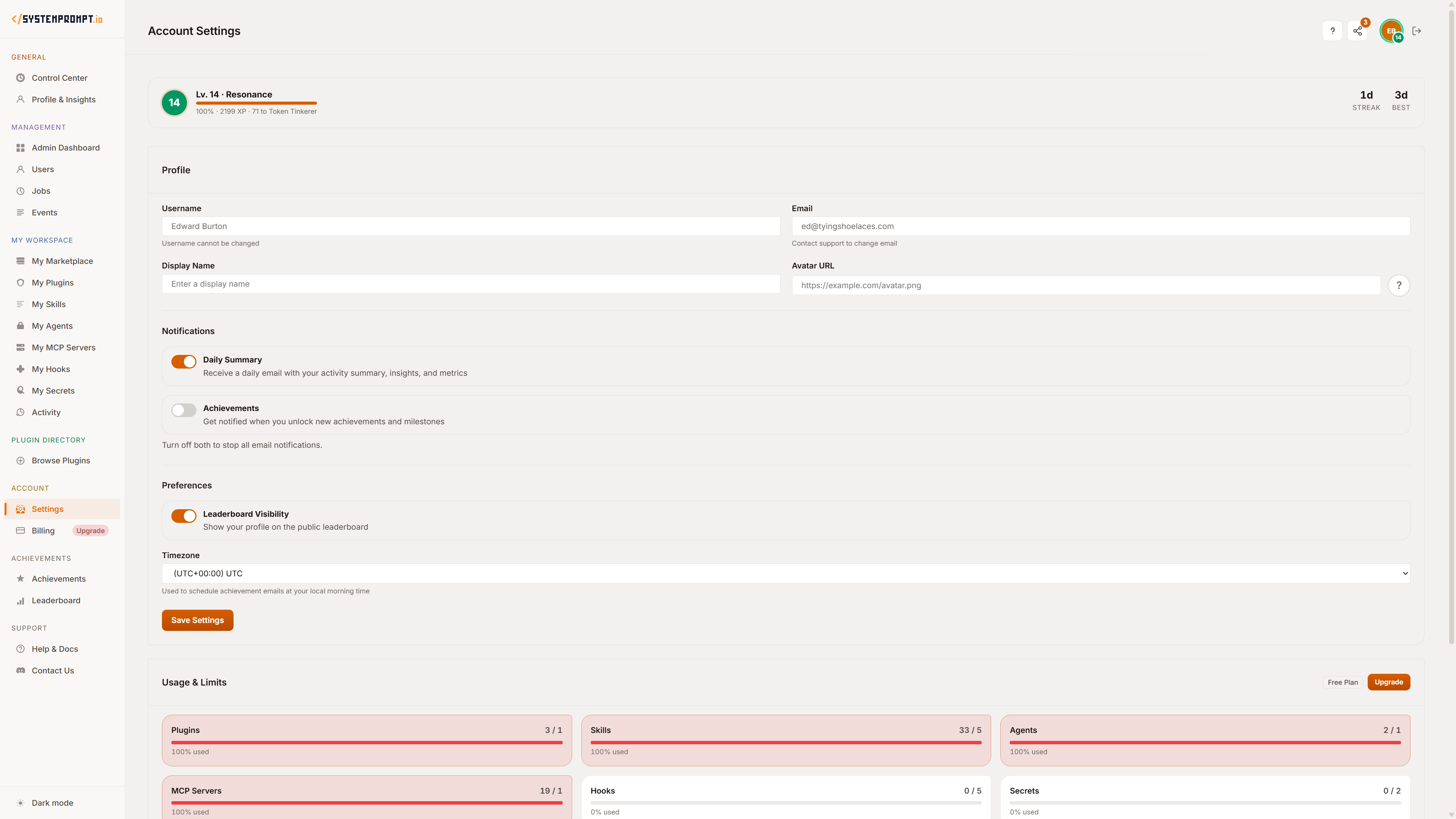 Account Settings — profile, notifications, preferences, and usage limits