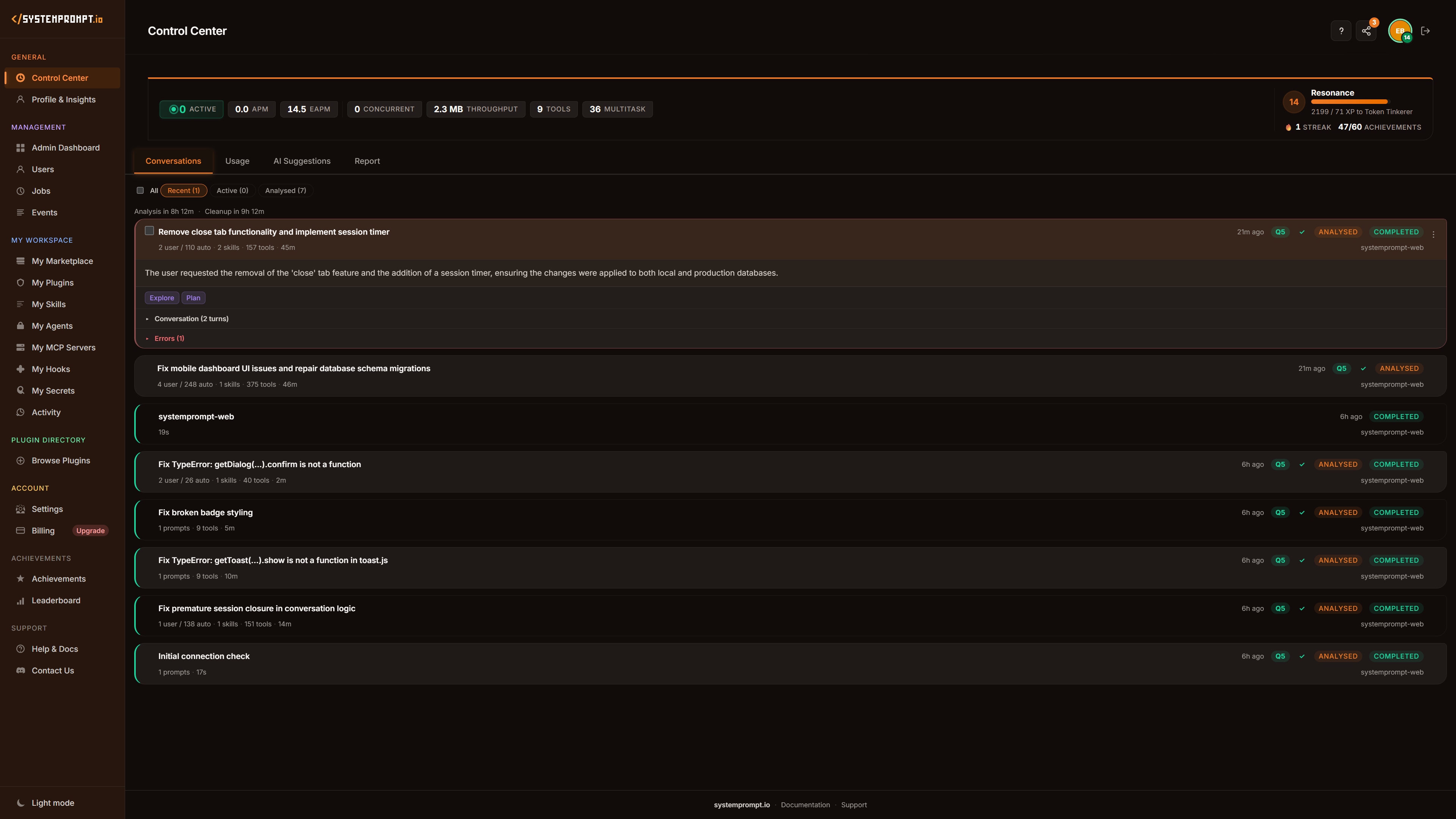 Control Center — real-time session tracking, quality scores, and AI conversation analytics